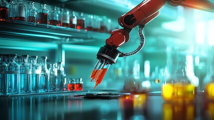 Robotic arm dispensing liquid into a lab environment filled with colorful glassware