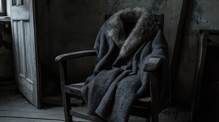 A coat with a faux fur collar draped over a classic wooden chair.