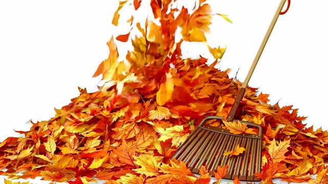 Autumn-themed animation featuring a rake beside a colorful pile of fallen leaves, isolated on a white background, symbolizing seasonal yard work and fall vibes.