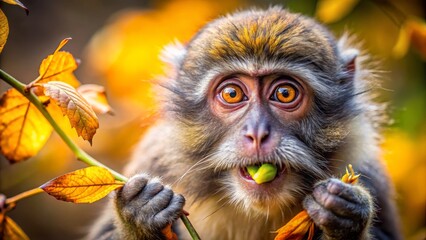Fototapeta premium Curious Monkey Eating Fruit Among Vibrant Autumn Leaves in Nature