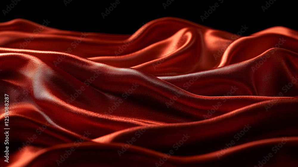Poster elegant red silk fabric flowing in soft waves with subtle light reflections in a dark background