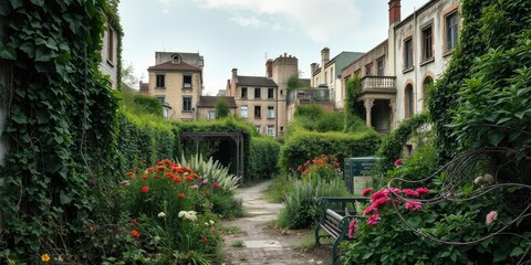 Fototapeta premium Overgrown and abandoned gardens filled with vines and wildflowers in the heart of a deserted city, abandoned city, wildflowers, neglect