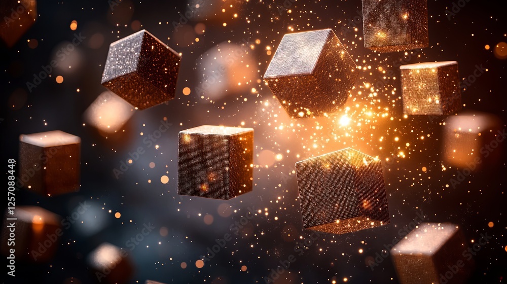 Poster floating metallic cubes with glowing particles create a mesmerizing visual effect in a dark setting