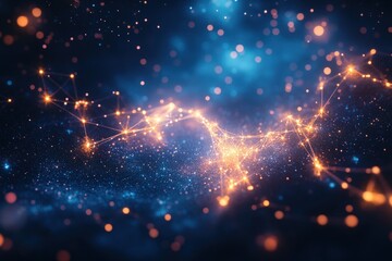 Abstract digital landscape with glowing connections and vibrant particles in a cosmic setting