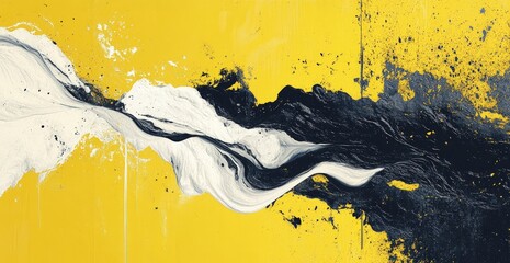 Abstract fluid art with vibrant yellow background, showcasing dynamic black and white swirls