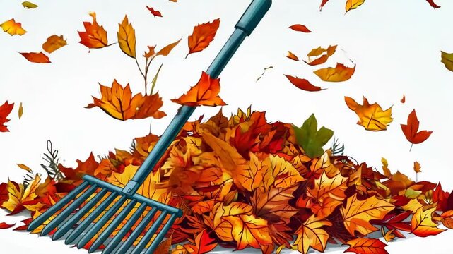 Autumn-themed animation featuring a rake beside a colorful pile of fallen leaves, isolated on a white background, symbolizing seasonal yard work and fall vibes.