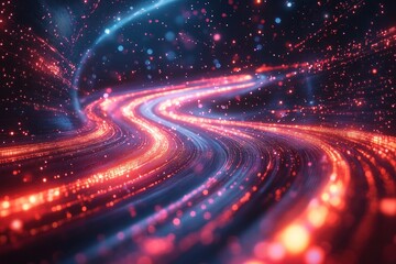 Abstract representation of a vibrant, glowing pathway through a cosmic landscape filled with stars