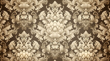 Elegant damask wallpaper design featuring intricate floral patterns in cream and dark brown tones.