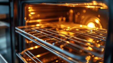 A convection oven interior glowing warmly, with metal racks and a visible heating element.