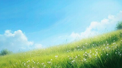 Serene Spring Meadow with Long Grass and Colorful Wildflowers