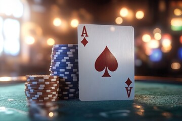 Ace of Spades card prominently displayed with poker chips in a vibrant casino setting