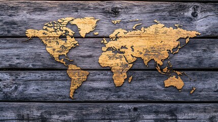 Golden world map on rustic wood background