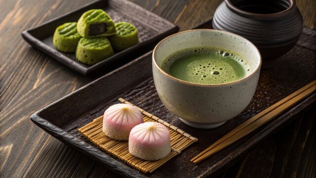 Matcha healthy trend. Alternative reduce caffeine. A cozy tea time setup featuring a steaming cup of matcha, highlighting the healthy trend of reduced caffeine consumption.
