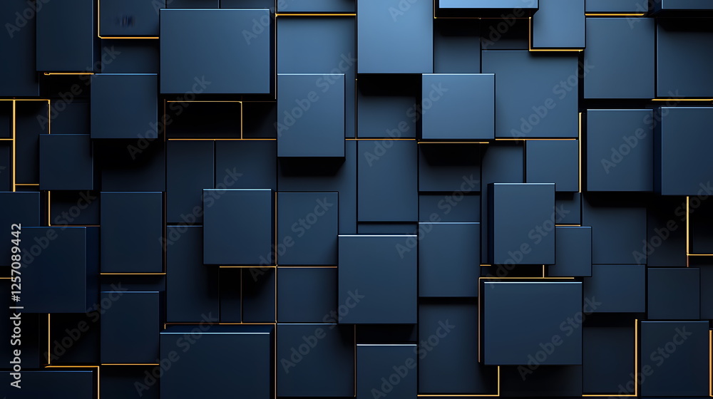 Poster blue geometric wall panels with illuminated edges creating a textured abstract surface design.