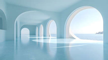 Spacious light-filled interior with large archways and serene ocean view through expansive windows.