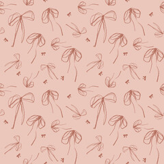 Seamless bow hand drawn with pencil pattern in color of year mocha mousse. Cute print with brown palette, crayon. Vintage
