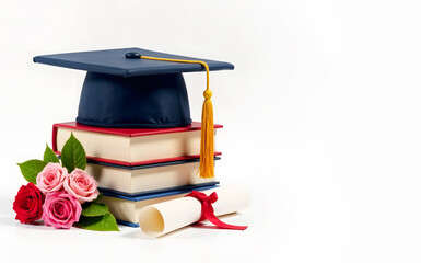 Graduation cap, books, diploma, and roses. Graduation cap with a yellow tassel on stacked books, a diploma tied with a red ribbon, and pink and red roses, placed against a clean white background 
