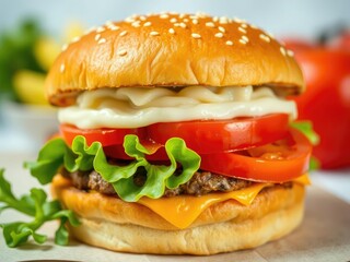 Juicy beef burger with fresh lettuce and ripe tomato on a toasted bun, burger photography, sandwich