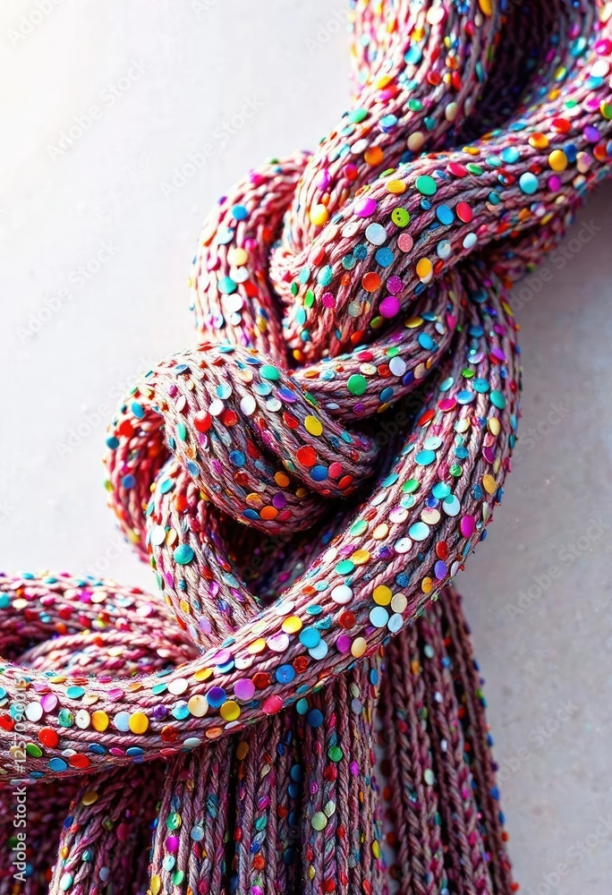 Poster knotted and twisted multicolored sequins create a visually striking effect on this intricate knitted