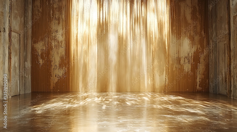 Poster golden light streaming through weathered walls in an empty room with shiny reflective floor surface