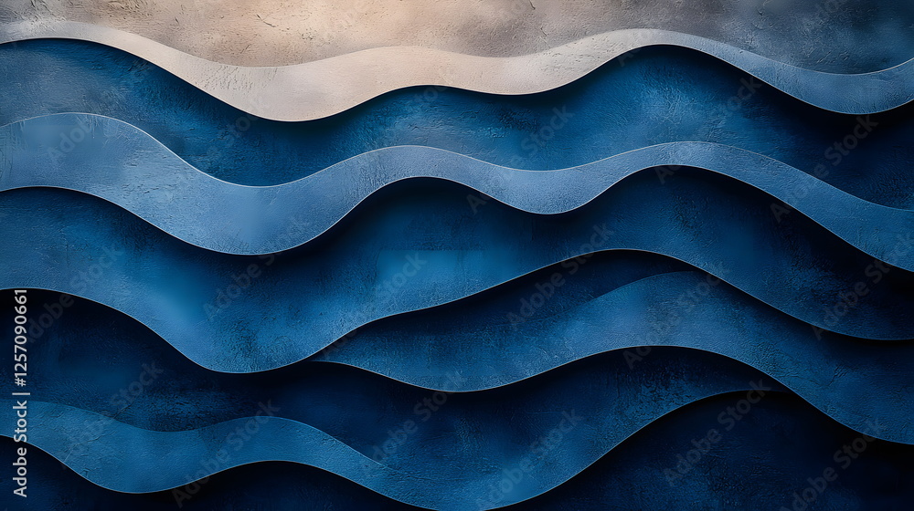 Poster curved blue waves gently flowing across a textured surface with subtle shading and light reflections
