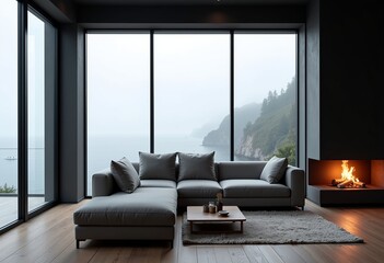 Modern Sofa in Dark Spacious Living Room: Burning Fireplace, French Window with Misty Sea View, Minimalist & Realistic Style for Interior Design Inspiration.

