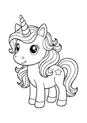 coloring page, simple black lineart illustration of a cute unicorn on white background. coloring page ready for print