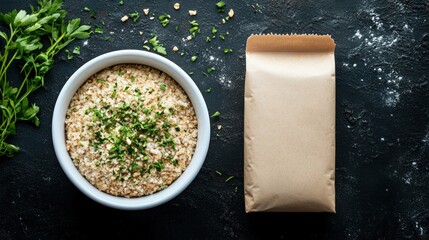 Bowl of cooked grains garnished with herbs beside a plain brown paper bag on a dark surface