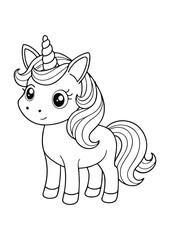coloring page, simple black lineart illustration of a cute unicorn on white background. coloring page ready for print