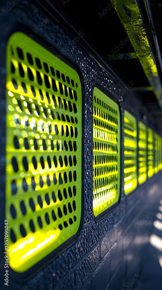 Poster bright green wall panels with perforated patterns creating interesting light and shadow reflections 