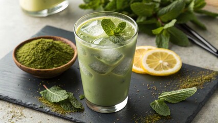 Matcha healthy trend. Alternative reduce caffeine. Stylish summer matcha drink concept highlighting health benefits and caffeine reduction.