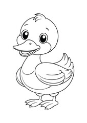 coloring page, simple black lineart illustration of a cute duck on white background. coloring page ready for print
