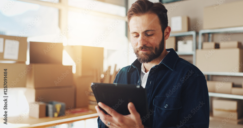 Poster Man, typing and tablet with boxes for distribution of online orders, inventory checklist and stock shipping. Male person, digital and ecommerce for logistics, review supply chain and package delivery