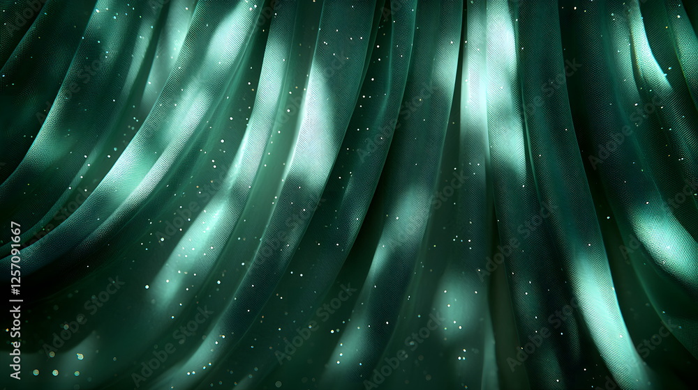 Poster flowing green fabric with shimmering light patterns and soft texture creating a dreamy atmosphere.