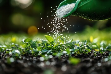 granular fertilizer application for lush green lawn care in gardening season