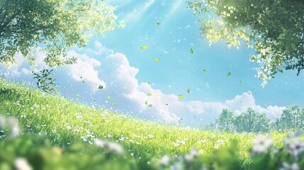 Obraz premium Lush Spring Landscape with Green Leaves Under Blue Sky and Soft Light