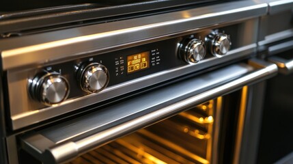 A double-oven range with a digital clock and precise temperature controls.