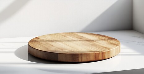 Circular wooden serving board placed on a marble countertop with soft shadows and light reflections