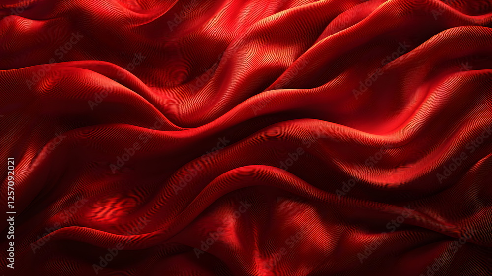 Poster rich red fabric flowing with elegant waves and textures creating a luxurious and dynamic surface.