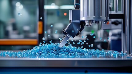 Robotic arm sorting vibrant blue plastic beads in a modern manufacturing facility