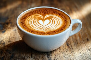 Close-up of a beautifully crafted latte art heart in a white cup on a rustic wooden table