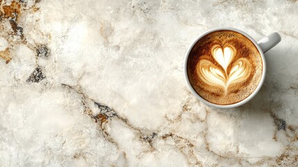 Close-up of a beautifully crafted latte art in a cup placed on a marbled countertop surface