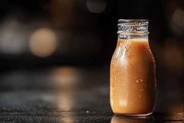 Close-up of a chilled glass bottle filled with refreshing beverage, condensation visible, blurred background