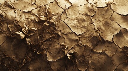 Cracked Earth Texture: Abstract image of parched, cracked earth, depicting the harsh realities of drought and aridity. The sepia tone enhances the image’s somber mood.  
