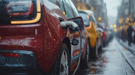 Naklejka premium Red Electric Vehicle Charging in Rainy City Street
