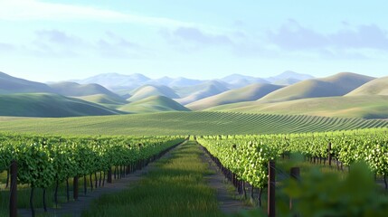 Obraz premium Lush Vineyard Landscape with Rolling Hills Under Blue Sky and Gentle Clouds in Bright Sunshine