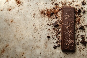 Close-up of a chocolate bar with shavings and cocoa powder on a textured surface