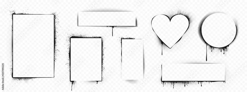 Poster graffiti stencil spray frames of different shapes - rectangular, heart, circle with dripping paint a