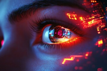 Close-up of a futuristic human eye with digital interfaces and glowing elements, symbolizing technology