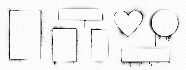 Graffiti stencil spray frames of different shapes - rectangular, heart, circle with dripping paint and scattered dots. Empty spaces bordered by black grunge texture. Urban street art elements.